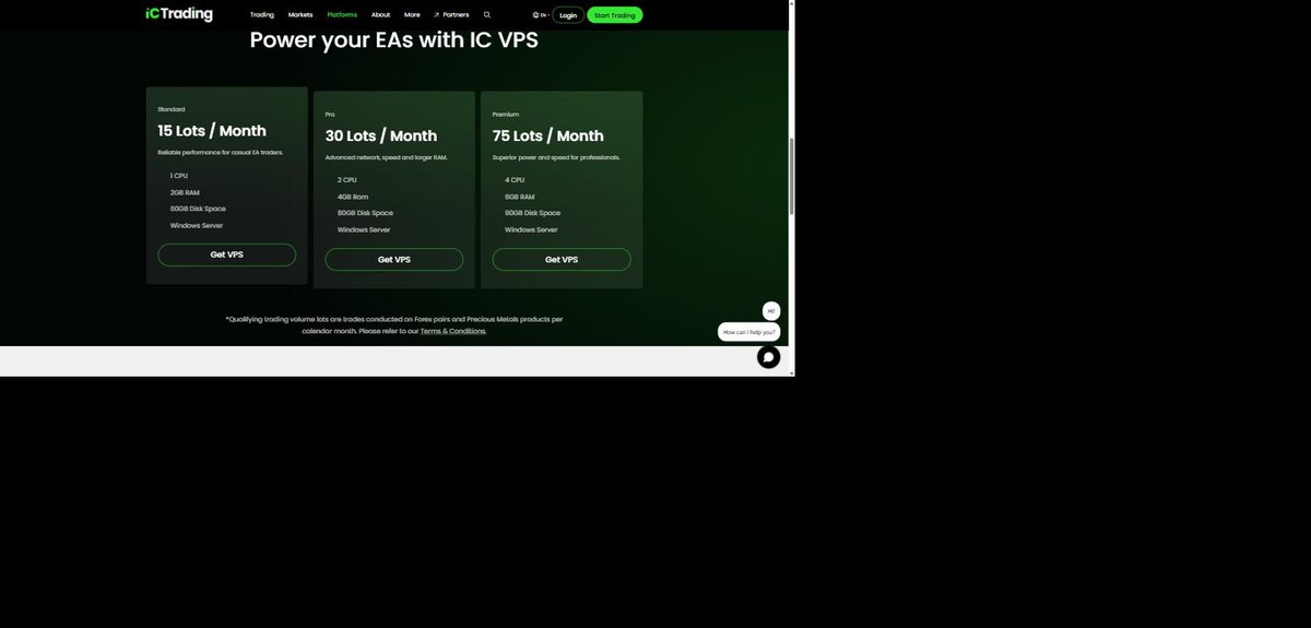 IC Trading complimentary VPS plans Standard Pro and Premium with monthly lot requirements