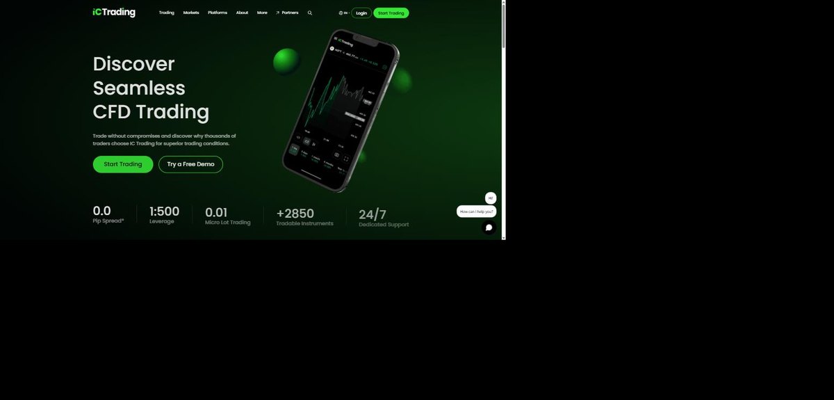 IC Trading homepage showing 0.0 pip spread 1500 leverage and 2850 tradable instruments