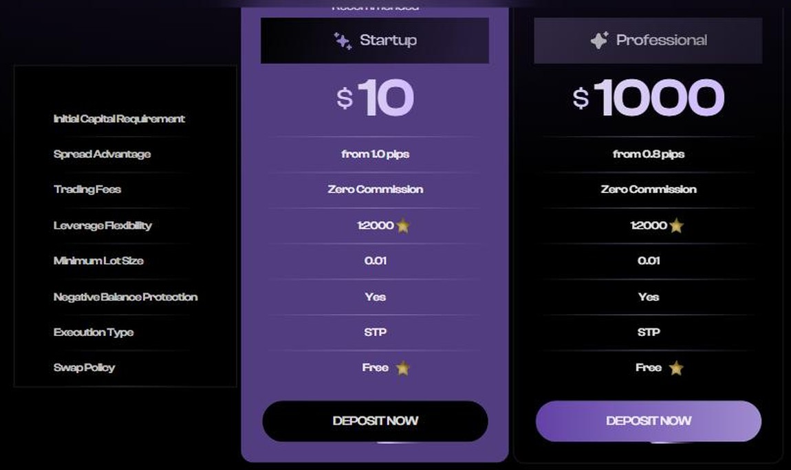Zuperior Startup and Professional account comparison with spreads leverage and negative balance protection