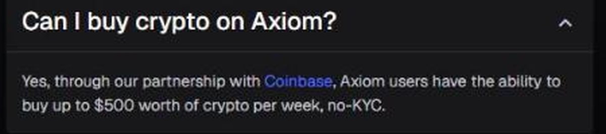 Axiom FAQ stating users can buy up to 500 dollars of crypto per week with no KYC through its Coinbase partnership