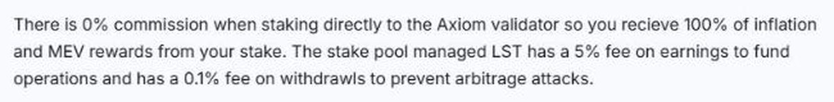 Axiom documentation stating zero commission on direct validator staking and the axiSOL stake pool fees