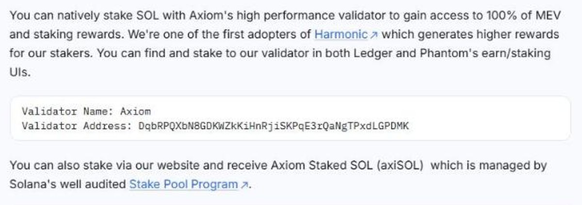 Axiom documentation describing native SOL staking to the Axiom validator and the axiSOL liquid staking token