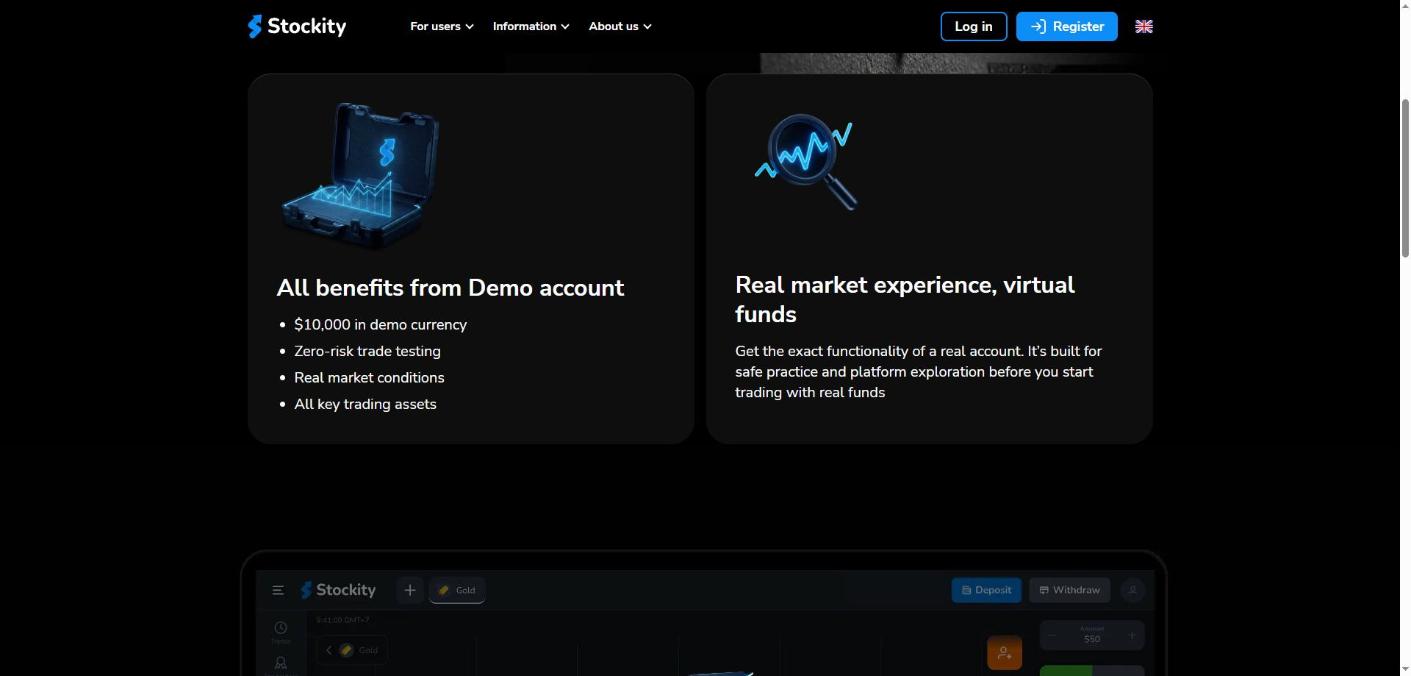 Stockity demo account benefits list showing 10,000 in demo currency, zero-risk testing and real market conditions