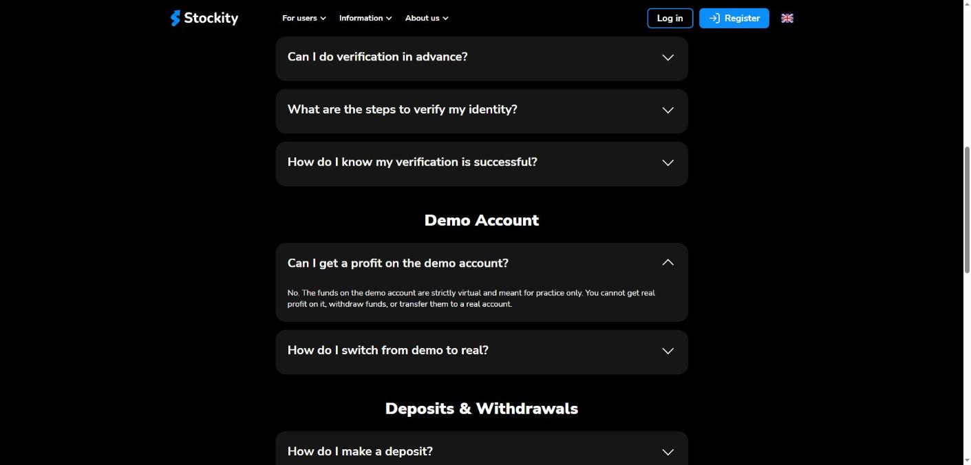 Stockity FAQ confirming demo account funds are virtual and cannot be withdrawn or transferred to a real account