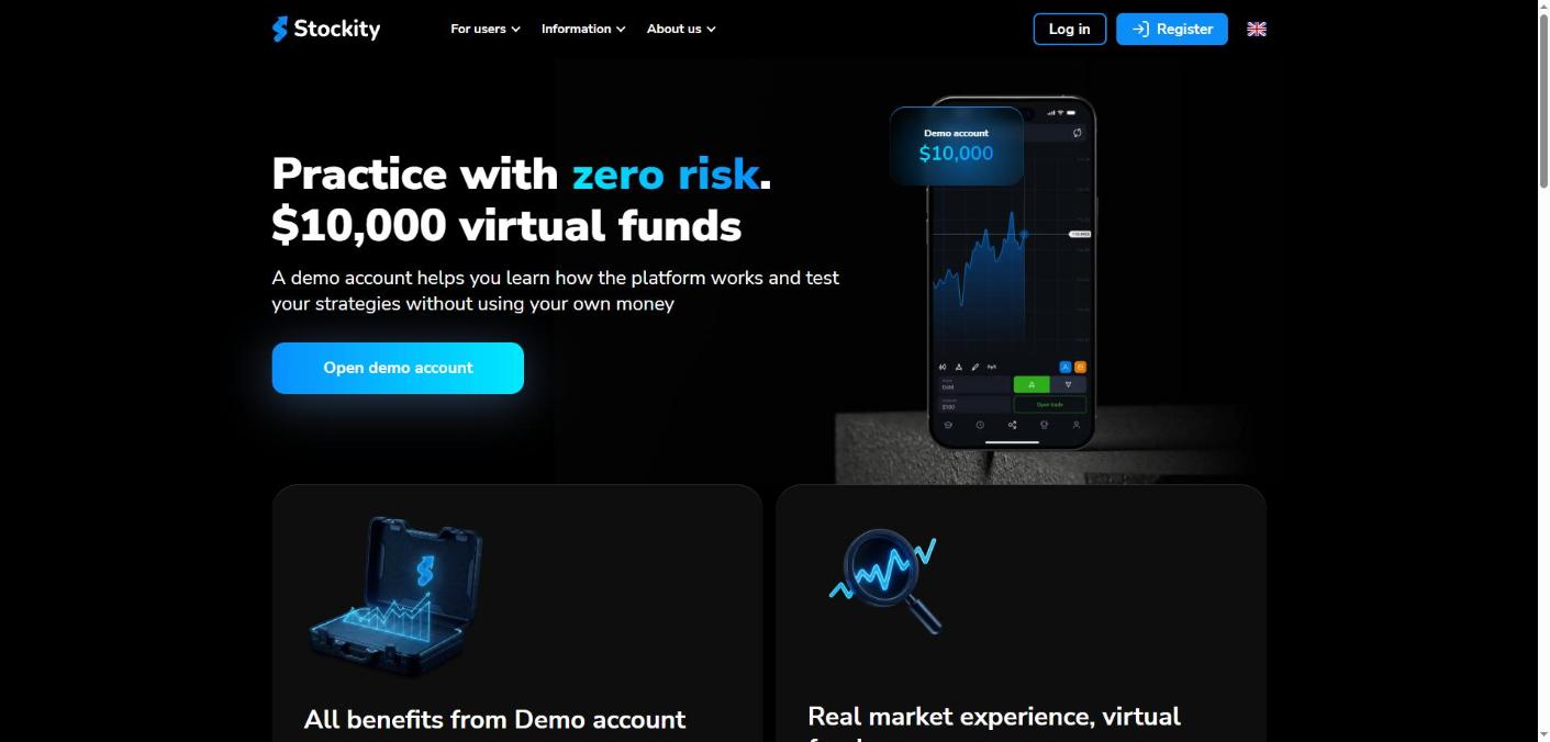 Stockity demo account page offering 10,000 in virtual funds with zero risk